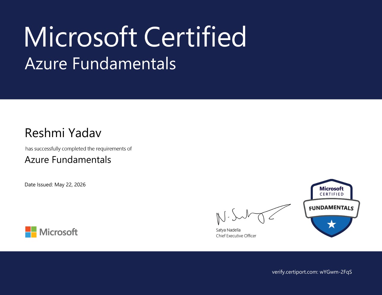 Microsoft Certified: Azure Fundamentals certificate